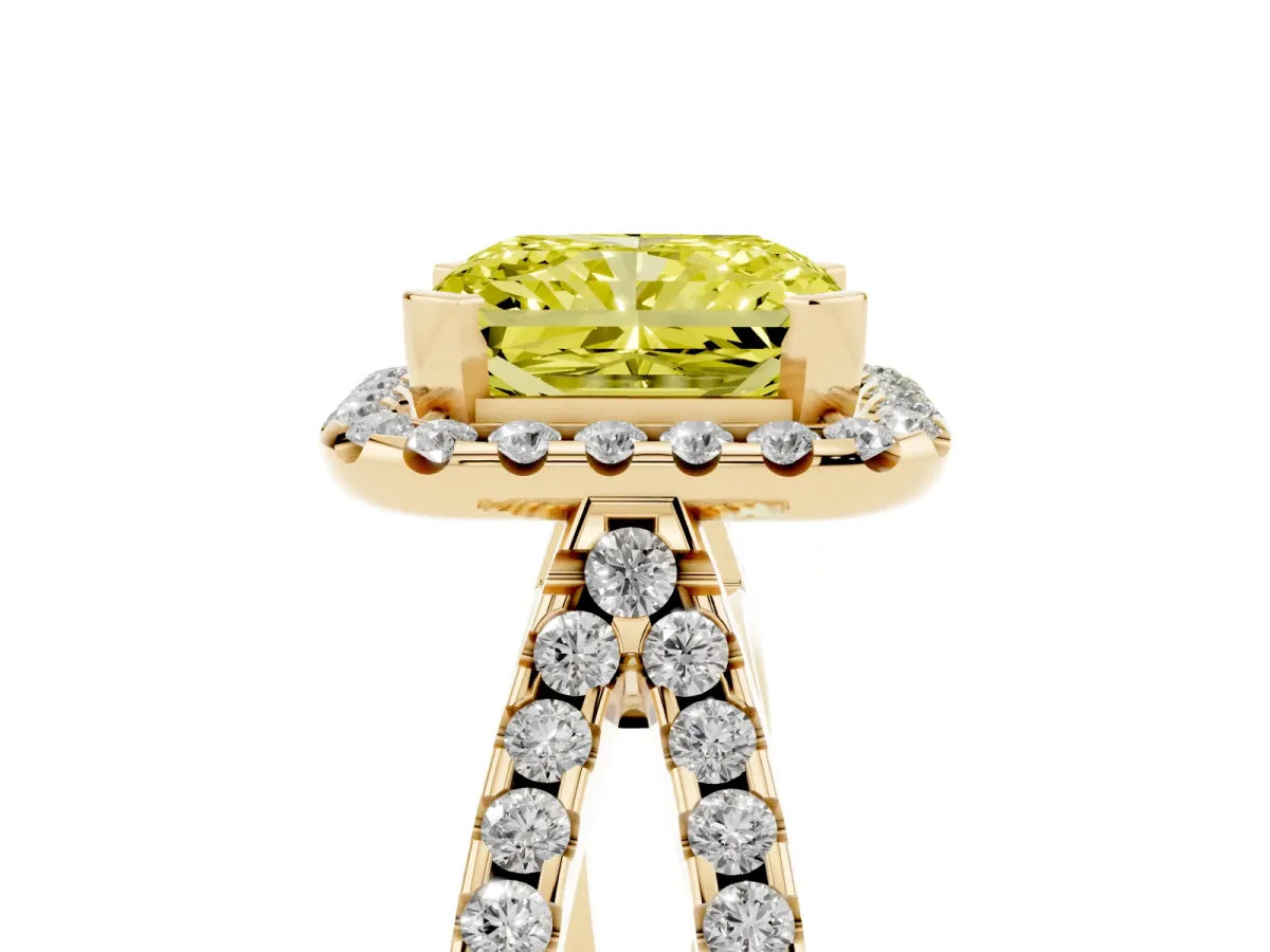 Fancy Yellow Radiant Cut Diamond Halo Ring with Split Shank Pavé Band and Prong Setting Yellow gold