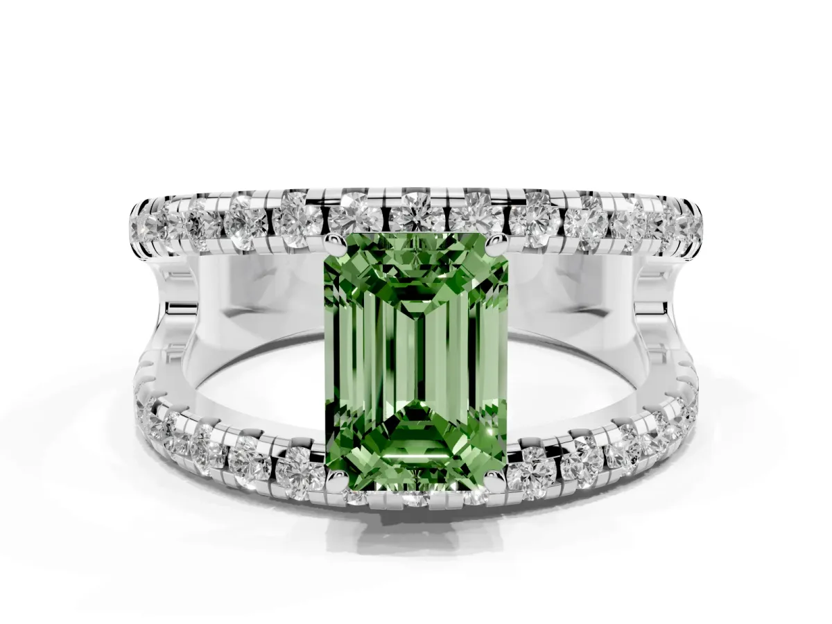 Fancy Green Emerald Cut Solitaire Split Shank Pave Diamond Ring Silver