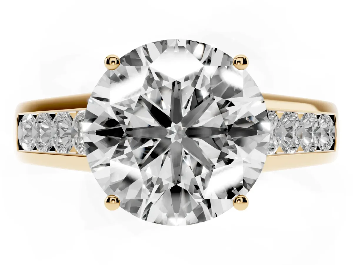 Round Cut Brilliant Channel-Set Solitaire Ring with Four-Prong Setting Yellow gold