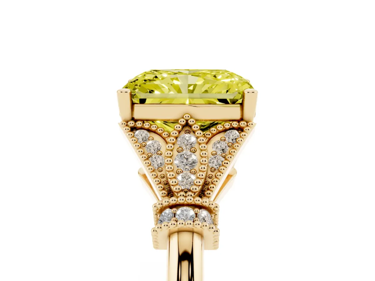 Fancy Yellow Radiant Cut Diamond Solitaire Ring with Floral Filigree and Pave Accents Yellow gold