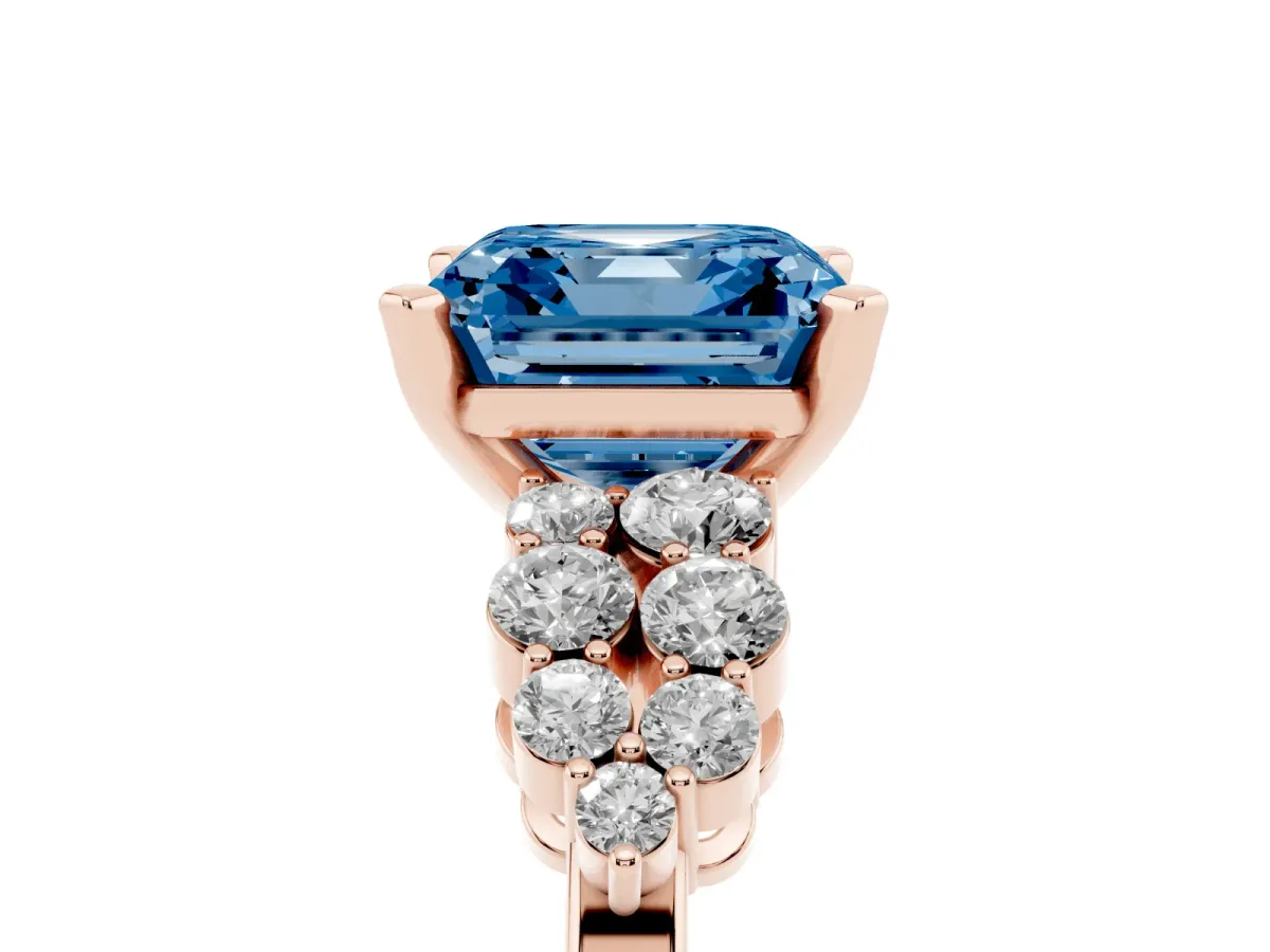 Fancy Blue Asscher Cut Cluster Diamond Engagement Ring with Pavé Band and Four-Prong Setting Rose gold