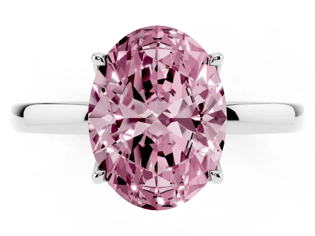 Fancy Pink Oval Cut Diamond Solitaire Ring with Thin Band and Prong Setting Silver