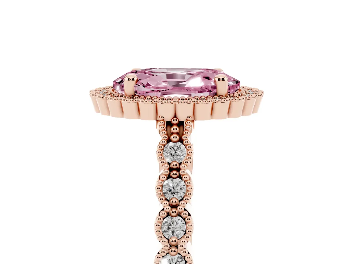 Fancy Pink Oval Cut Cut Halo Pavé Solitaire Ring with Milgrain Band Rose gold