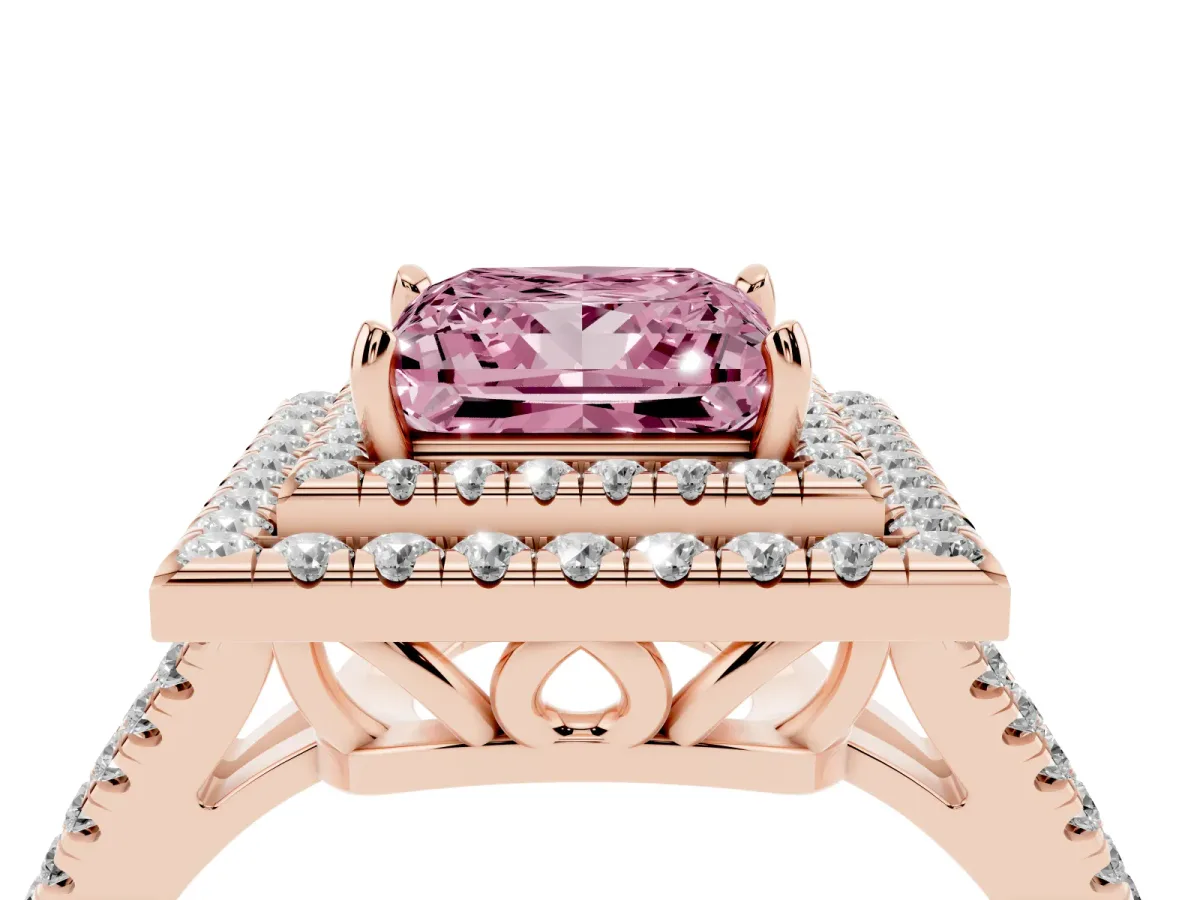 Fancy Pink Princess Cut Diamond Double Halo Ring with Pavé Band and Prong Setting Rose gold