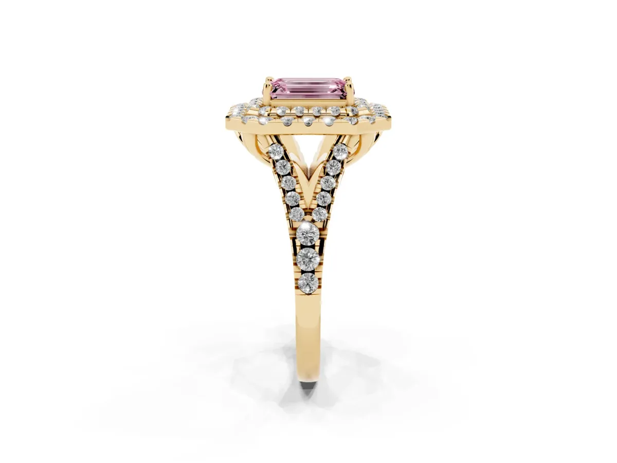 Fancy Pink Double Halo Emerald Cut Diamond Pavé Split Shank Ring with Prong Setting Yellow gold