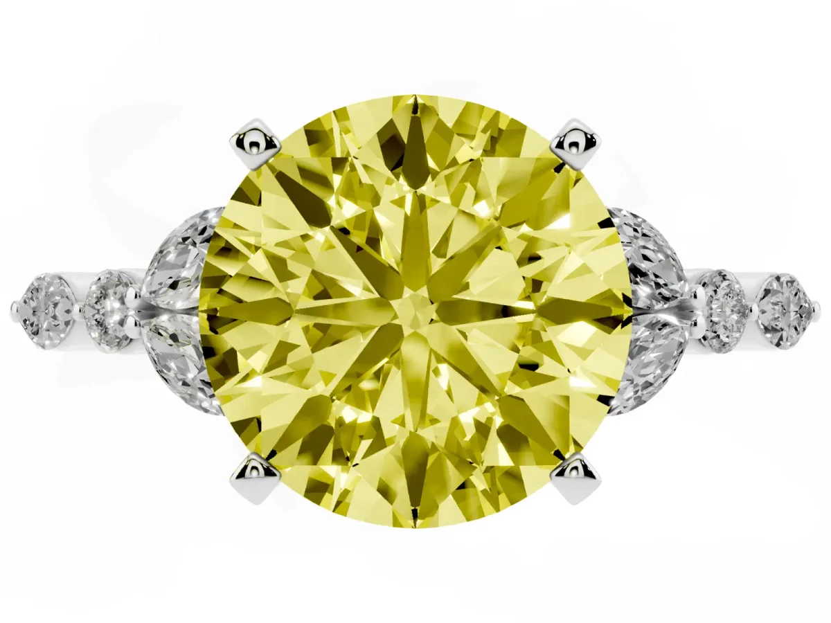 Fancy Yellow Round Cut Diamond Solitaire Ring with Side Stones and Four-Prong Setting Platinum