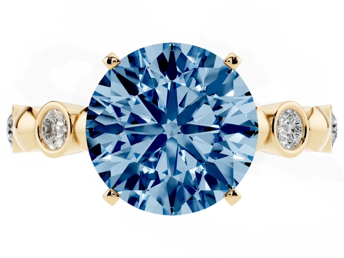 Fancy Blue Round Cut Solitaire Bezel-Set Diamond Ring with Beaded Band and Four-Prong Setting Yellow gold