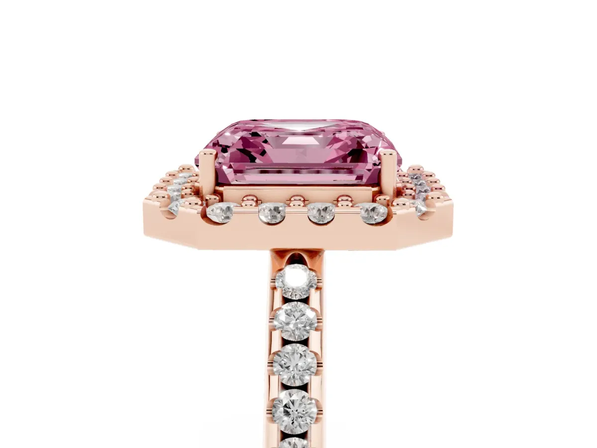 Fancy Pink Asscher Cut Diamond Pavé Halo Ring with Four-Prong Setting Rose gold