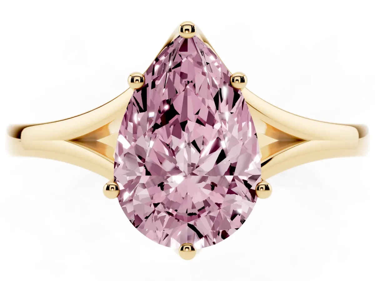 Fancy Pink Pear Cut Solitaire Diamond Ring with Six-Prong Setting and Tapered Band Yellow gold