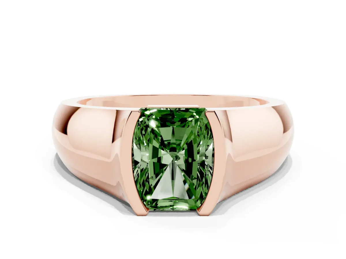 Fancy Green Radiant Cut Solitaire Bezel Set Diamond Ring with Wide Band Rose gold