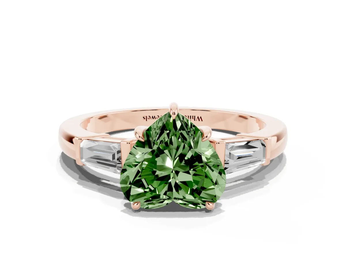 Fancy Green Heart Cut Diamond Three-Stone Ring with Tapered Baguette Side Stones and Prong Setting Rose gold