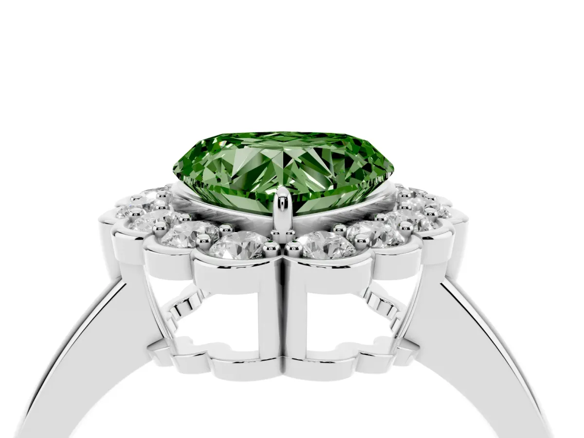 Fancy Green Heart Cut Halo Cluster Diamond Engagement Ring with Solitaire Band and Prong Setting Silver