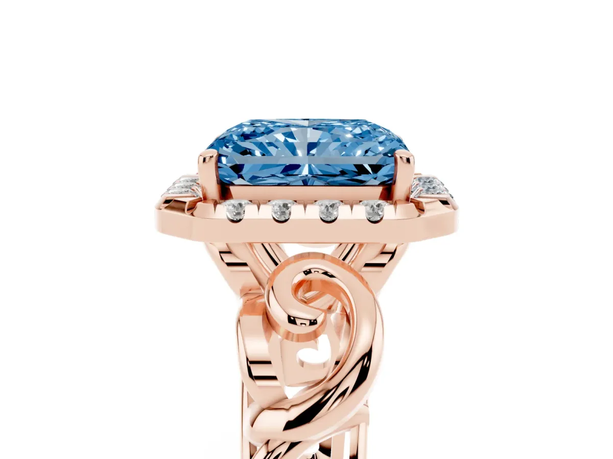 Fancy Blue Radiant Cut Cut Halo Diamond Ring with Scrollwork Band and Four-Prong Setting Rose gold