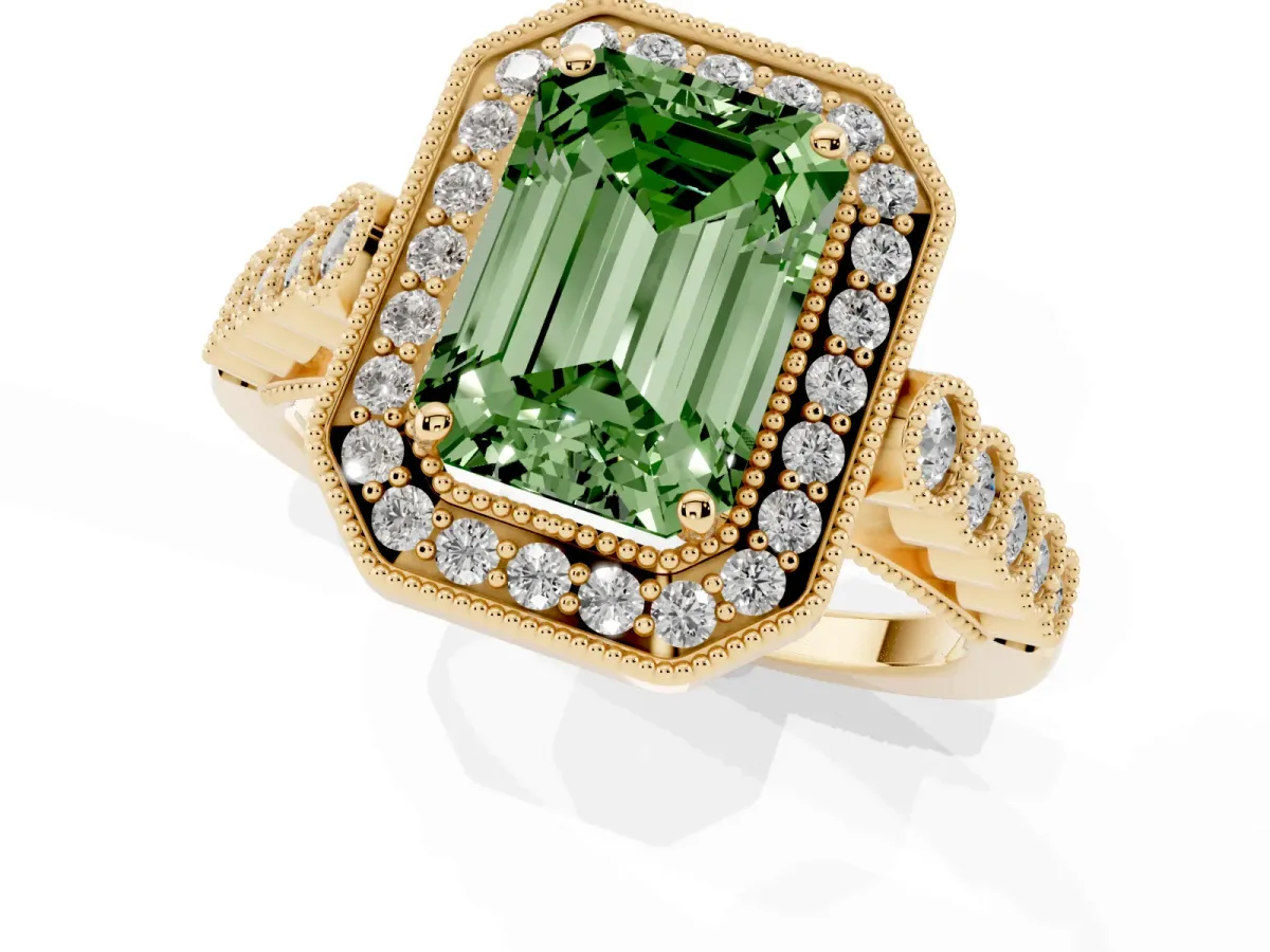 Fancy Green Emerald Cut Halo Milgrain Solitaire with Bezel Set Side Stones and Pave Band Yellow gold
