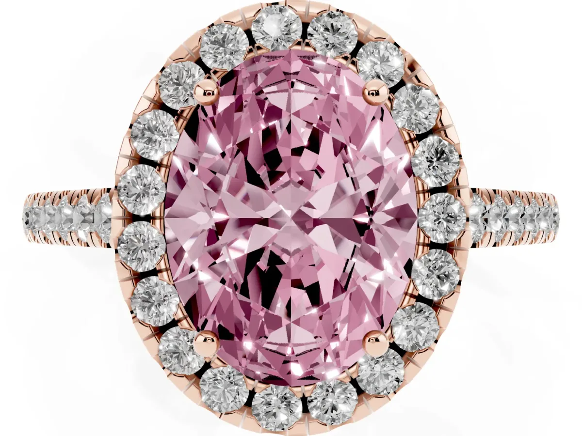 Fancy Pink Oval Cut Halo Pavé Diamond Engagement Ring with Four-Prong Setting Rose gold