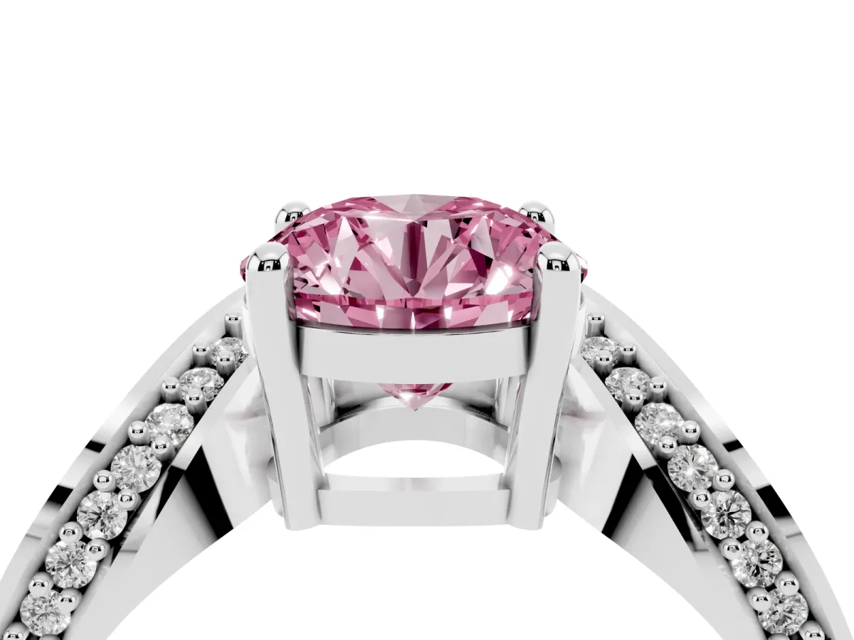 Fancy Pink Round Cut Solitaire Diamond Engagement Ring with Pave Band and Four-Prong Setting Platinum