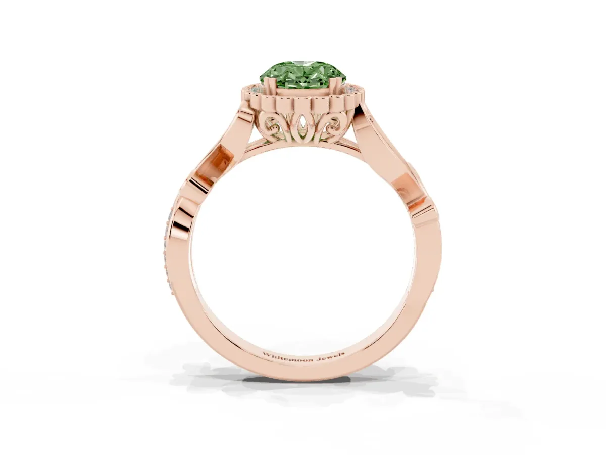Fancy Green Oval Cut Diamond Halo Ring with Vintage Split Shank and Four-Prong Setting Rose gold