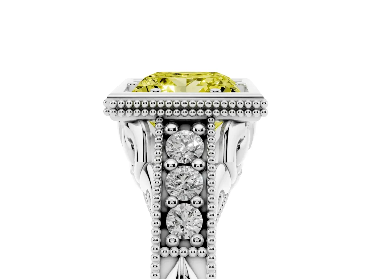 Fancy Yellow Bezel Set Princess Cut Diamond Milgrain Pave Engagement Ring Silver