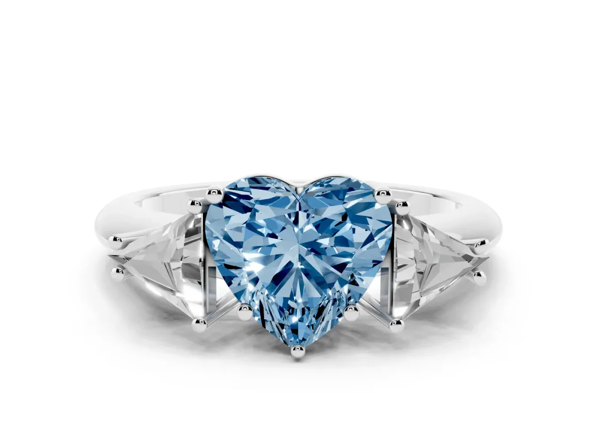Fancy Blue Three-Stone Heart Cut Diamond Engagement Ring with Trillion Side Stones and Prong Setting Silver