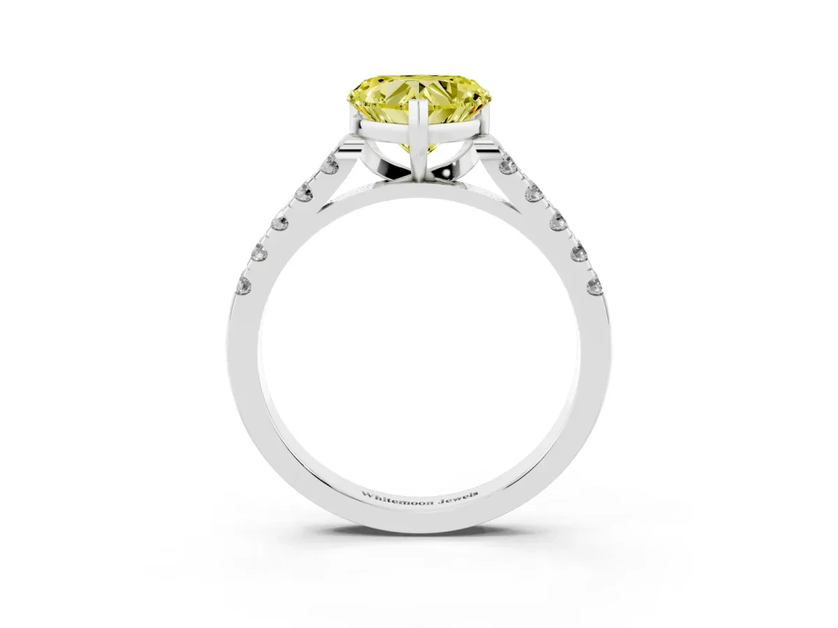 Fancy Yellow Heart Cut Diamond Pavé Band Solitaire Ring with Prong Setting Platinum