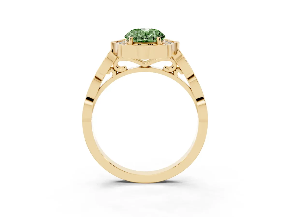 Fancy Green Oval Cut Halo Diamond Engagement Ring with Milgrain Band and Four-Prong Setting Yellow gold