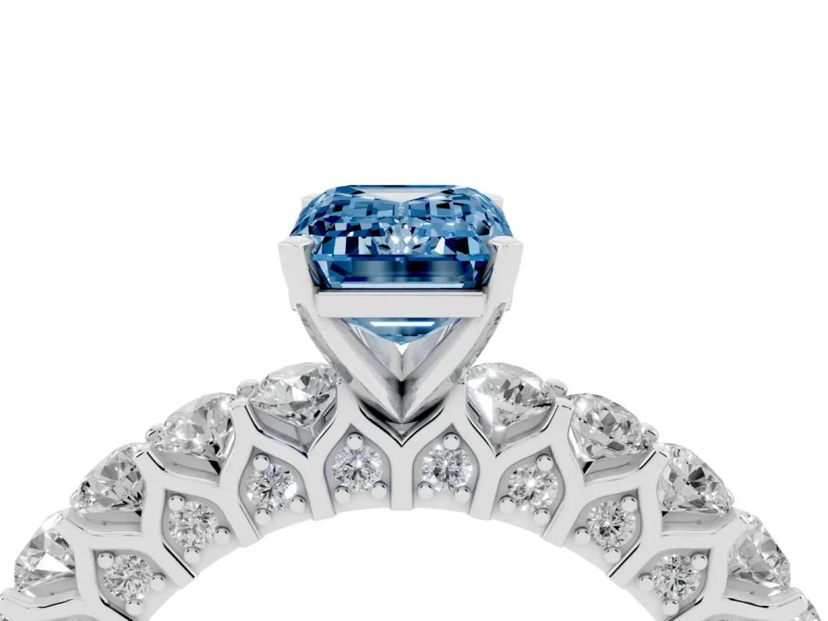 Fancy Blue Emerald Cut Diamond Solitaire Ring with Shared Prong Pavé Band and Four-Prong Setting Silver