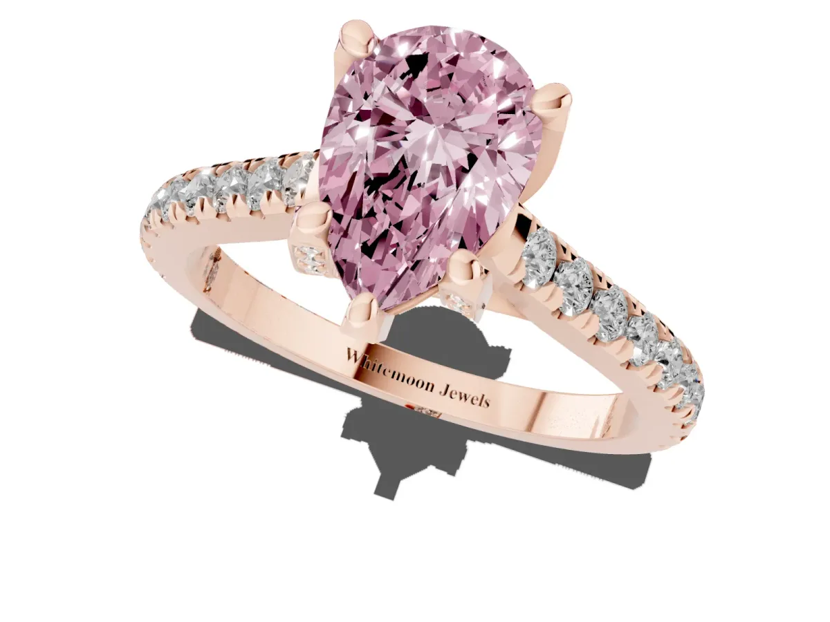 Fancy Pink Pear Cut Brilliant Diamond Solitaire with Pavé Band and Four-Prong Setting Rose gold