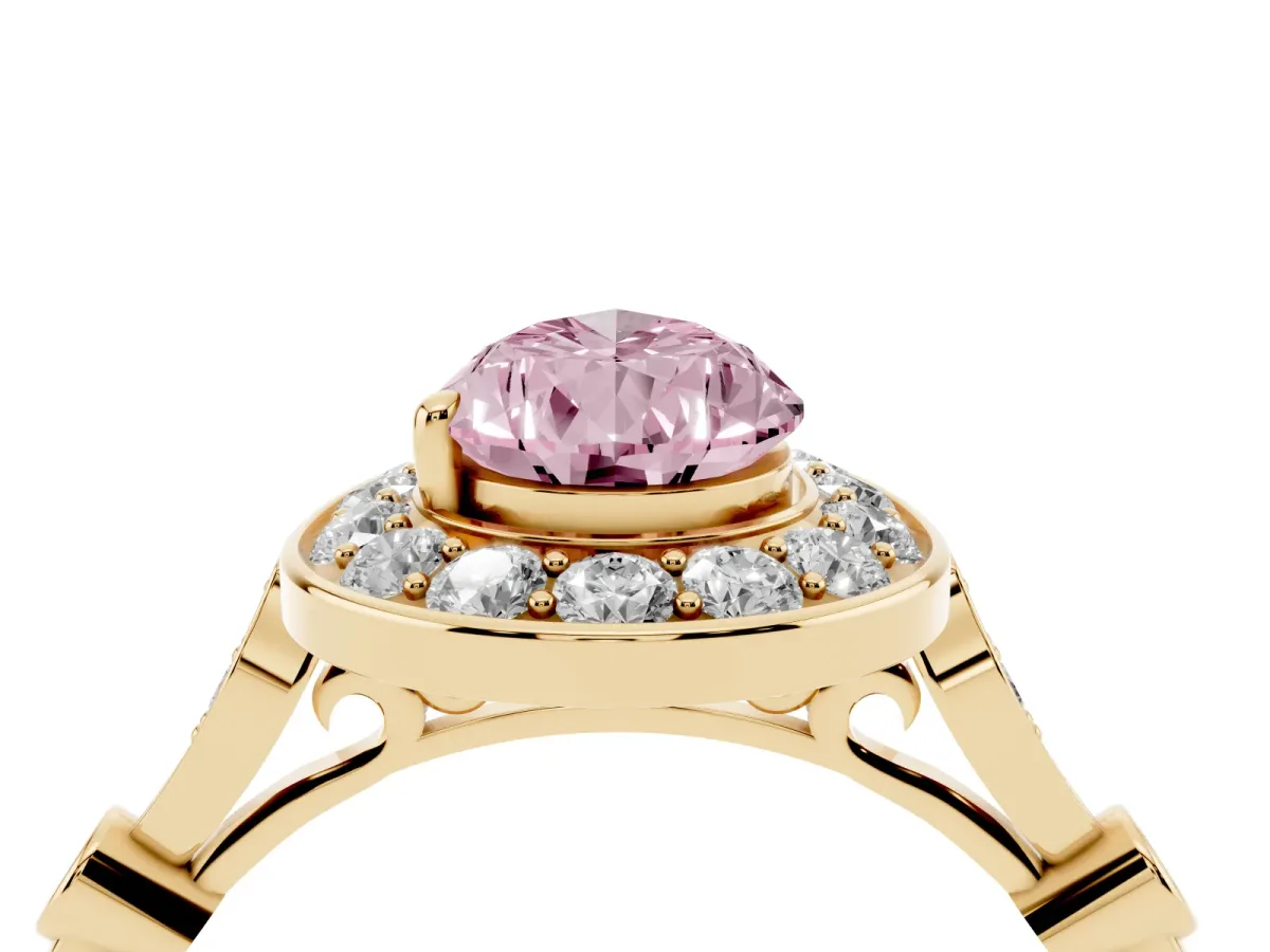Fancy Pink Pear Cut Halo Diamond Engagement Ring with Twisted Band and Four-Prong Setting Yellow gold