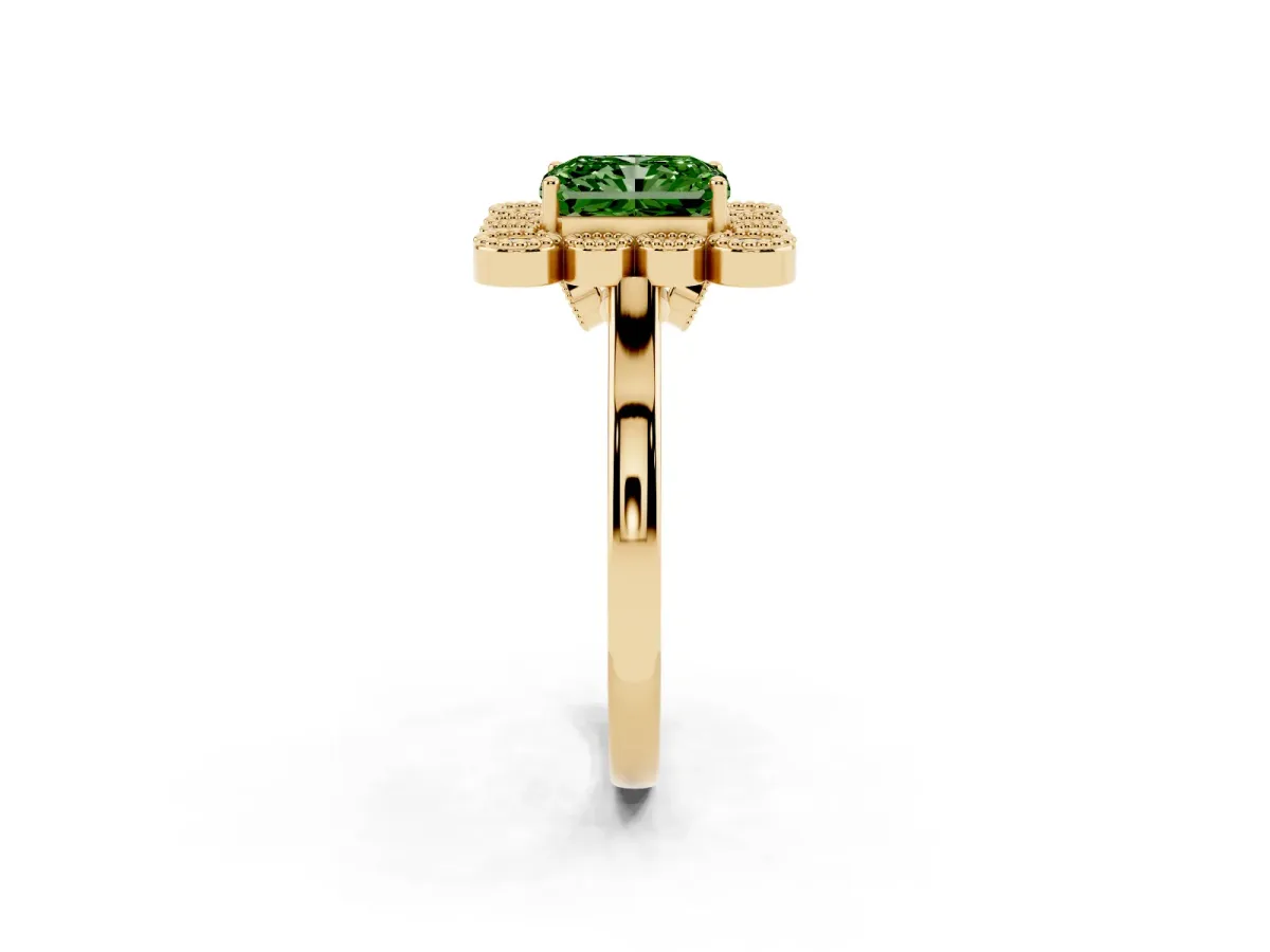 Fancy Green Radiant Cut Halo Diamond Cluster Engagement Ring with Milgrain Bezel Setting and Solitaire Band Yellow gold