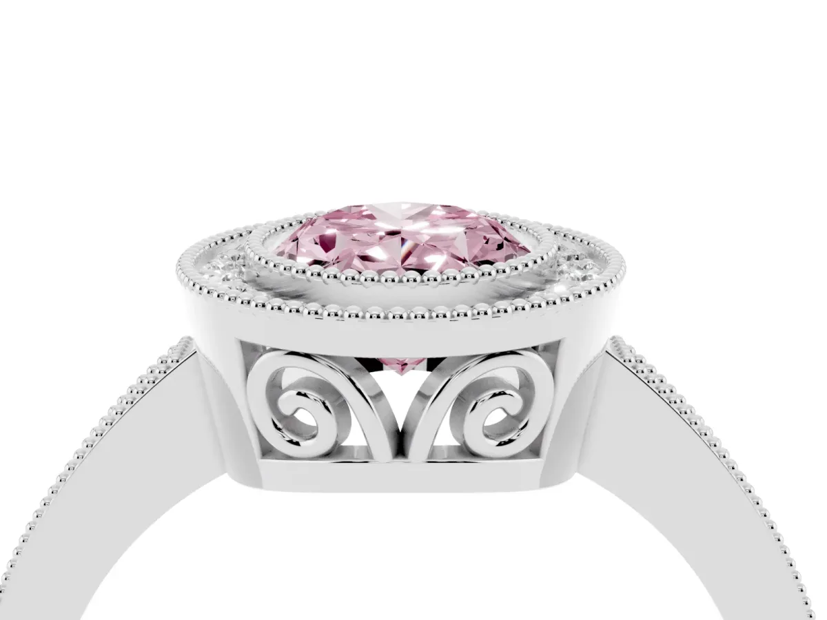 Fancy Pink Oval Cut Cut Halo Diamond Ring with Pavé Band and Milgrain Prong Setting Platinum