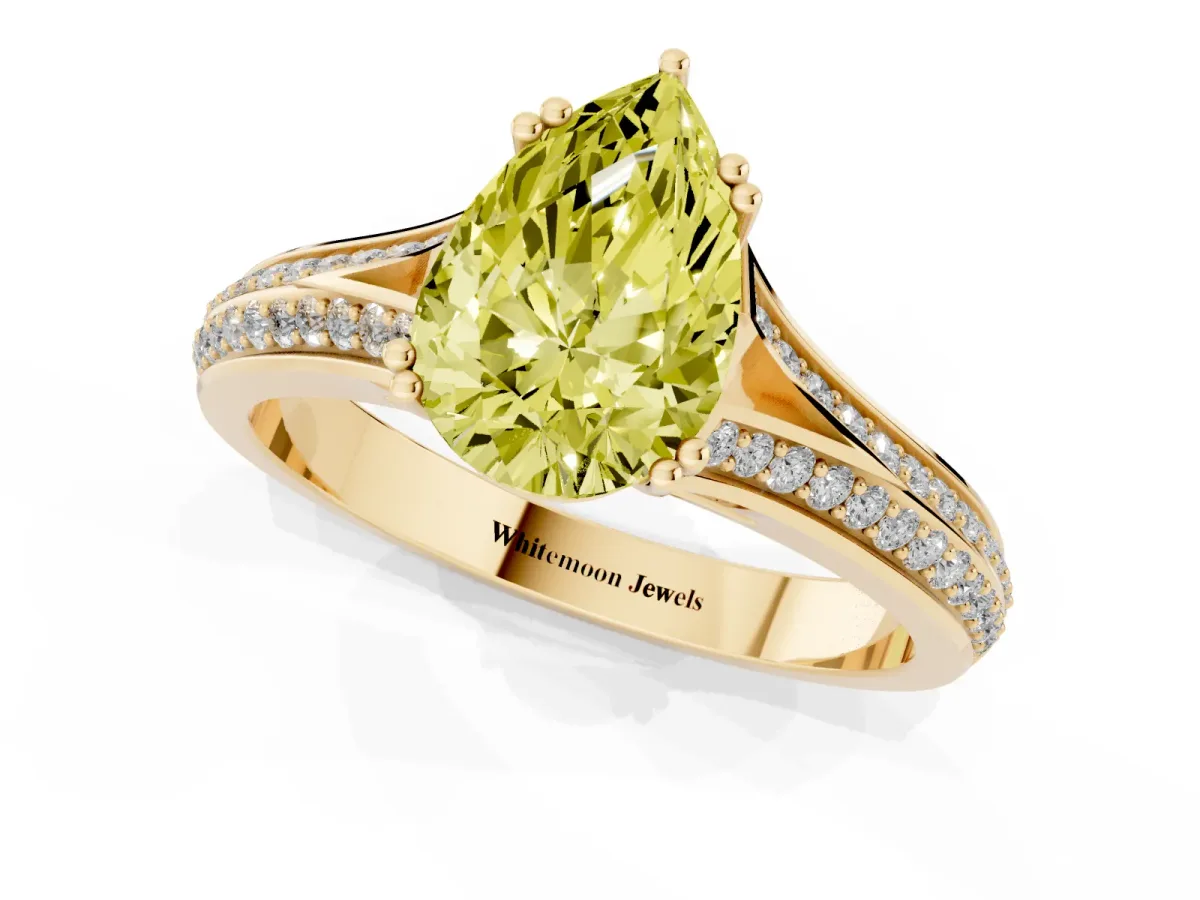 Fancy Yellow Pear Cut Diamond Split Shank Engagement Ring with Pavé Band Yellow gold