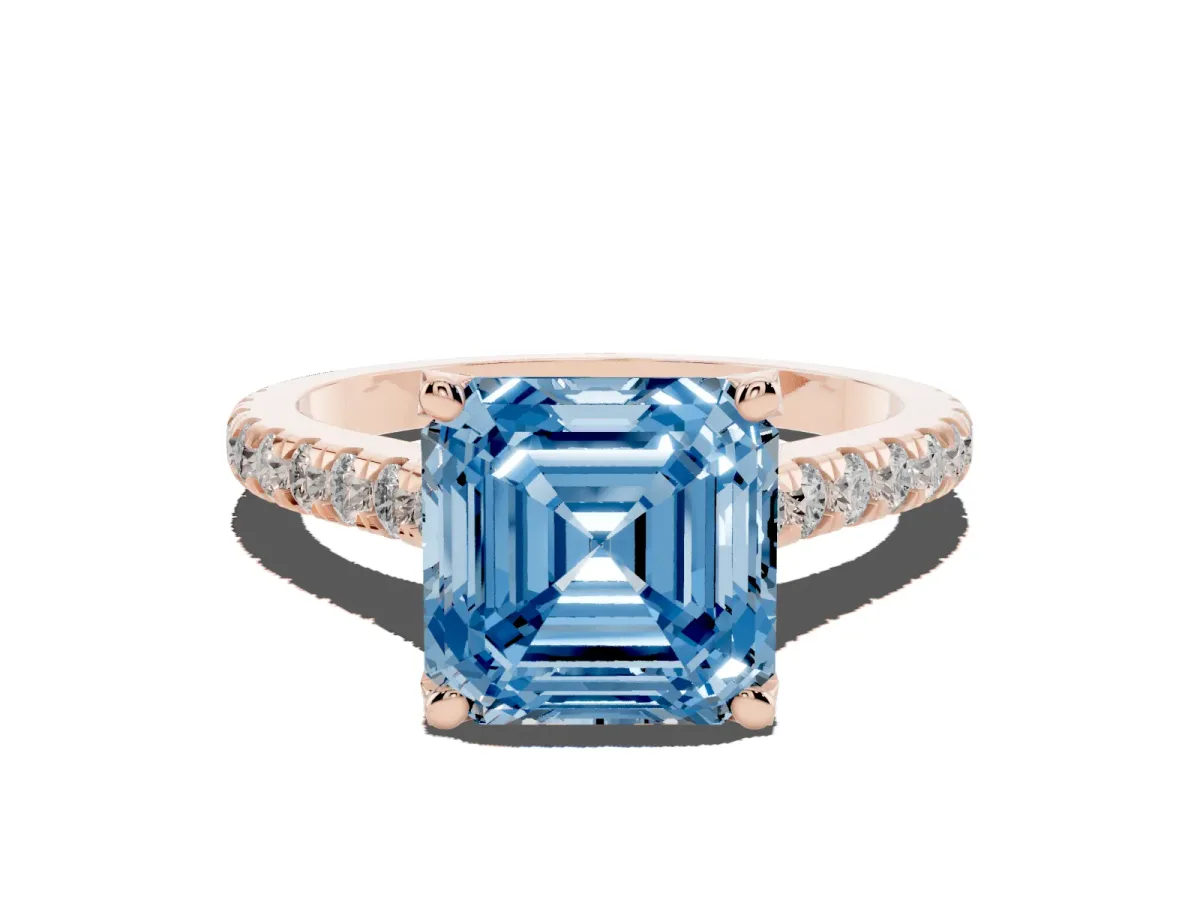 Fancy Blue Asscher Cut Brilliant Diamond Solitaire with Pavé Band and Four-Prong Setting Rose gold