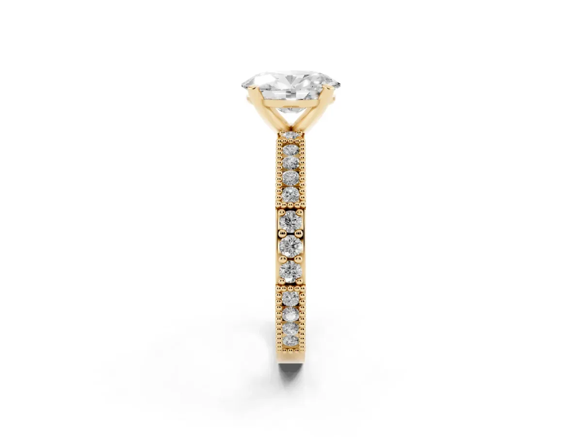 Oval Cut Solitaire with Pavé Band and Four-Prong Setting Yellow gold