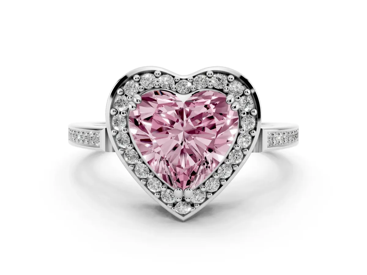Fancy Pink Heart Cut Diamond Halo Ring with Split Shank and Four-Prong Setting Platinum