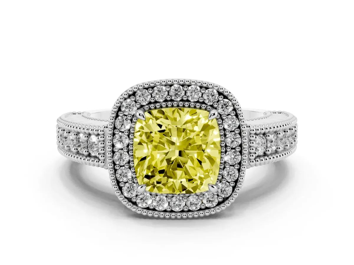 Fancy Yellow Cushion Cut Cut Halo Diamond Ring with Pavé Band and Four-Prong Setting White gold