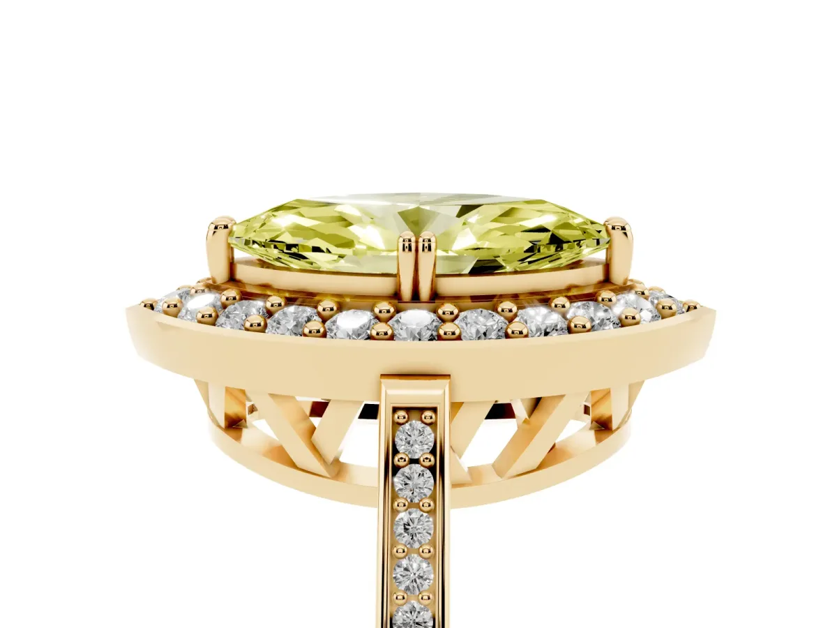 Fancy Yellow Marquise Cut Diamond Halo Ring with Split Shank and Four-Prong Setting Yellow gold