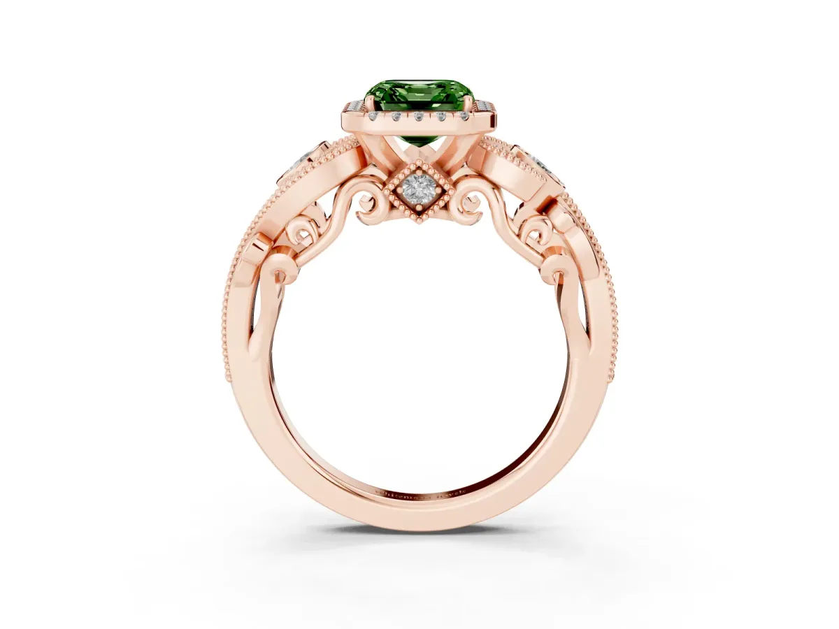 Fancy Green Asscher Cut Diamond Halo Ring with Milgrain Pavé Band and Four-Prong Setting Rose gold