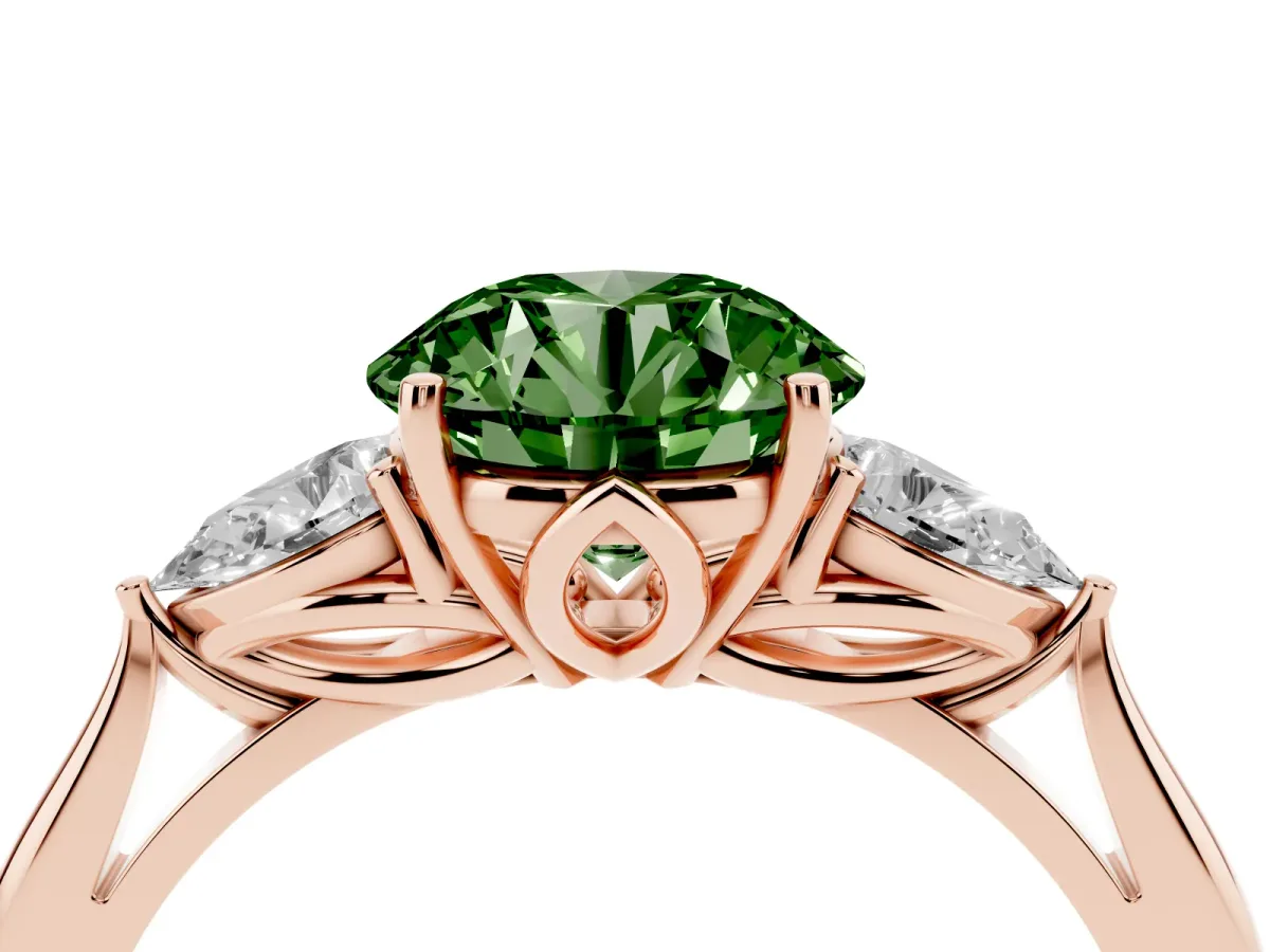 Fancy Green Round Cut Diamond Three-Stone Ring with Pear Side Stones and Prong Setting Rose gold