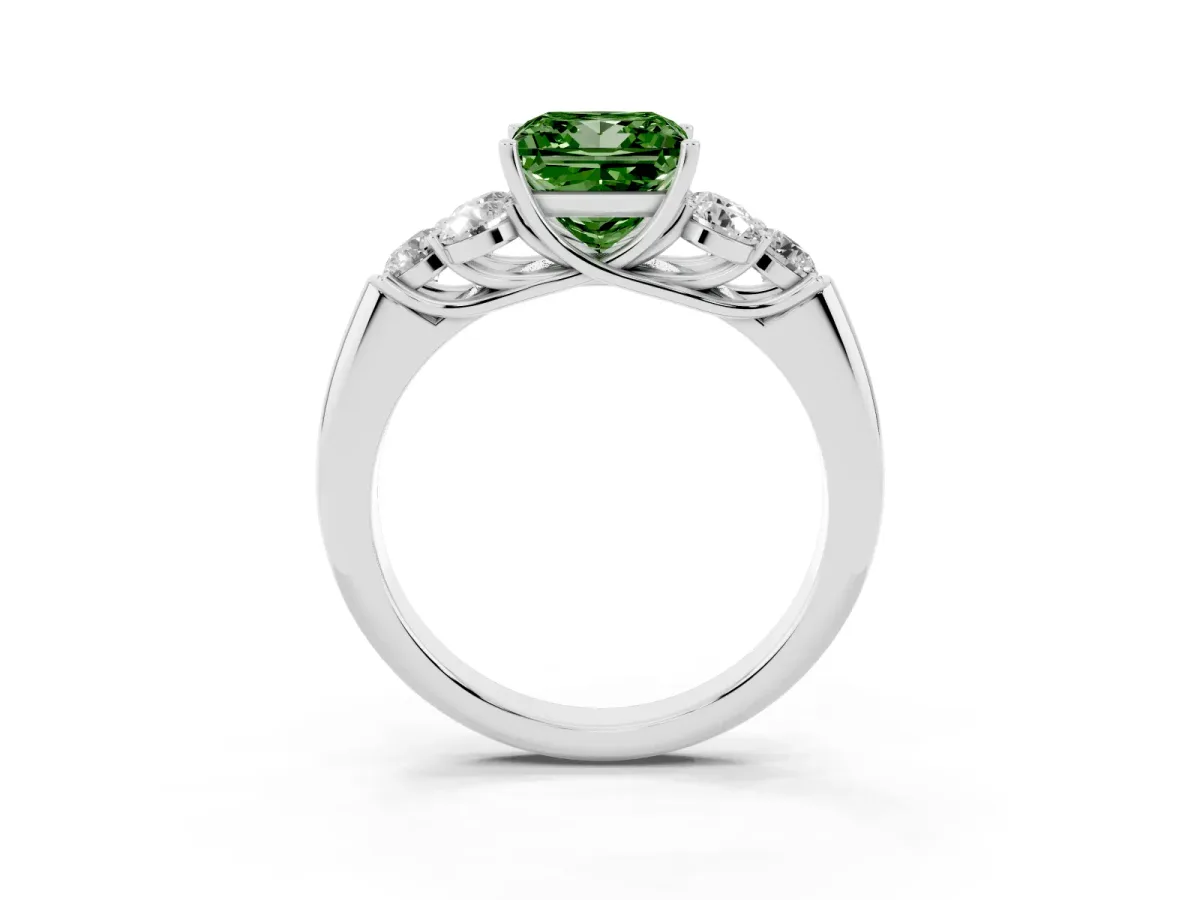Fancy Green Princess Cut Cut Diamond Cluster Ring with Round Accent Stones and Prong Setting on a Classic Band White gold