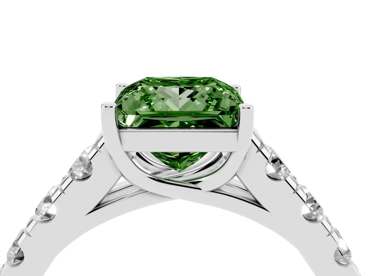 Fancy Green Princess Cut Cut Diamond Solitaire Ring with Micro Pave Band and Prong Setting Silver
