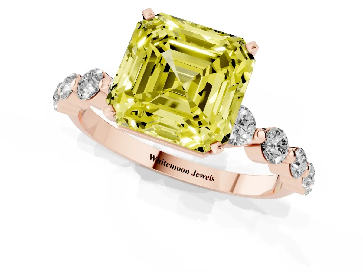 Fancy Yellow Asscher Cut Solitaire Diamond Ring with Pave Band and Four-Prong Setting Rose gold