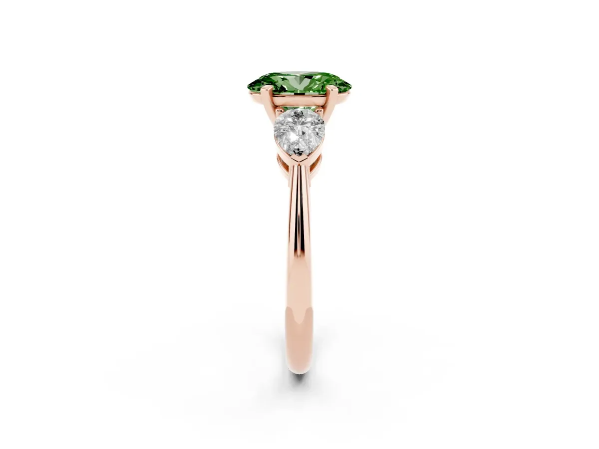 Fancy Green Three-Stone Oval Cut Diamond Ring with Pear Side Stones and Four-Prong Setting Rose gold