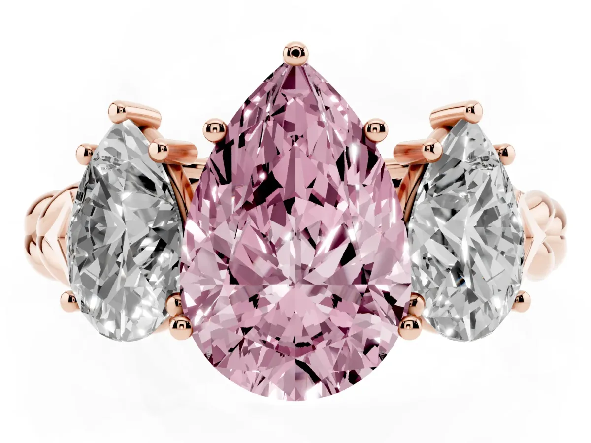 Fancy Pink Three-Stone Pear Cut Diamond Braided Band Ring with Four-Prong Setting Rose gold