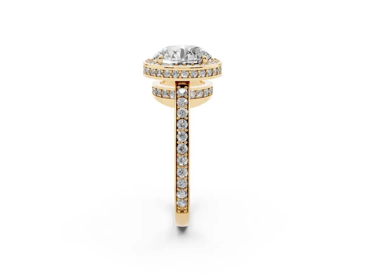 Round Cut Halo Pave Band Solitaire Ring with Prong Setting Yellow gold
