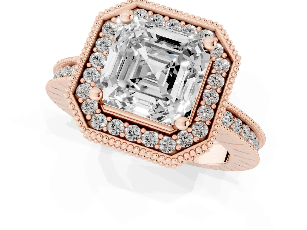 Asscher Cut Diamond Milgrain Halo Engagement Ring with Round Pavé Band and Prong Setting Rose gold