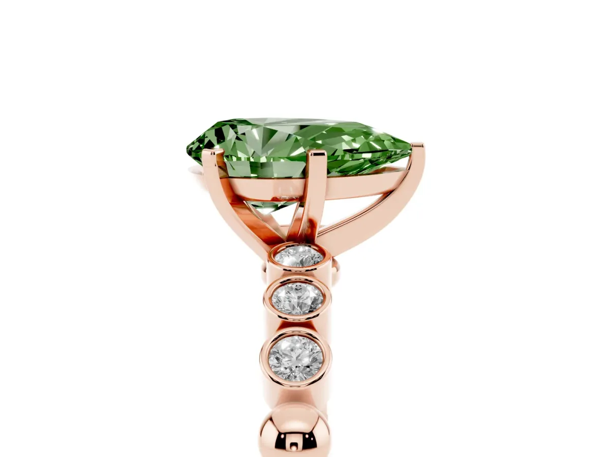 Fancy Green Pear Cut Solitaire Bezel Accent Diamond Engagement Ring with Beaded Band and Four-Prong Setting Rose gold
