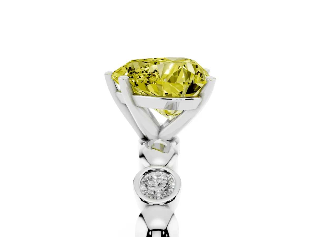 Fancy Yellow Heart Cut Solitaire Bezel-Set Diamond Ring with Beaded Band and Four-Prong Setting Silver