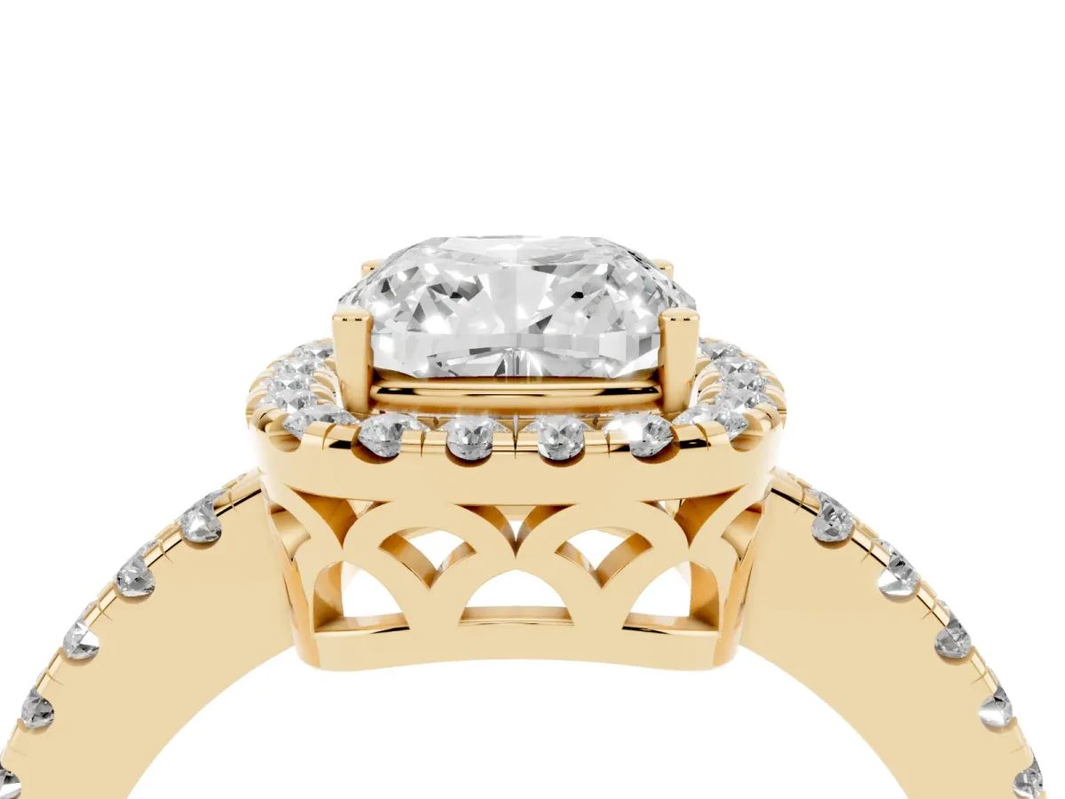 Cushion Cut Halo Diamond Engagement Ring with Pavé Band and Four-Prong Setting Yellow gold