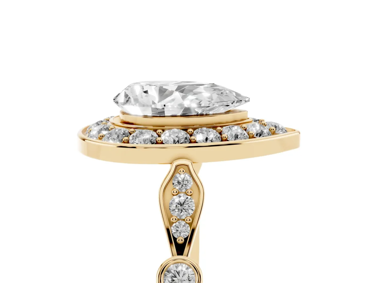 Pear Cut Halo Diamond Engagement Ring with Twisted Band and Four-Prong Setting Yellow gold