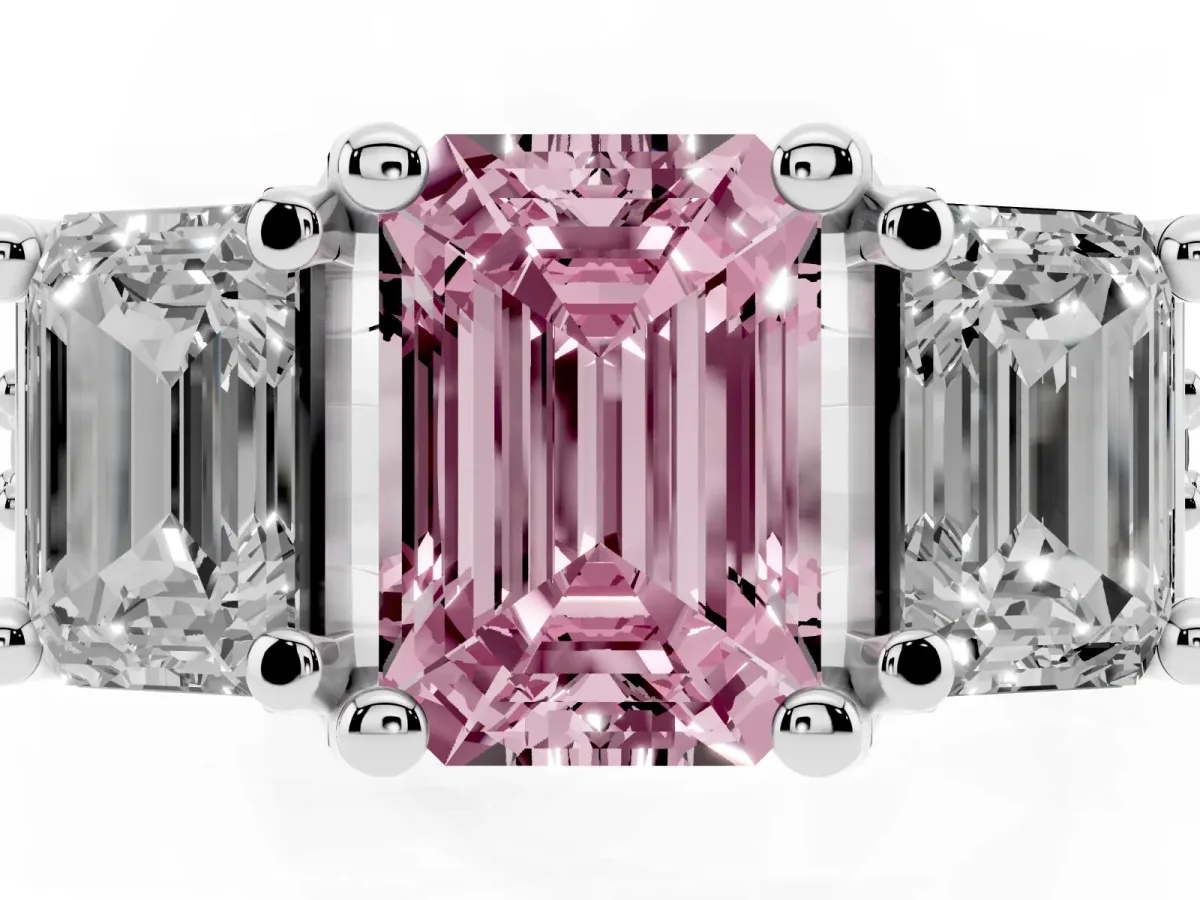 Fancy Pink Emerald Cut Diamond Three-Stone Ring with Channel Set Band and Four-Prong Setting Silver